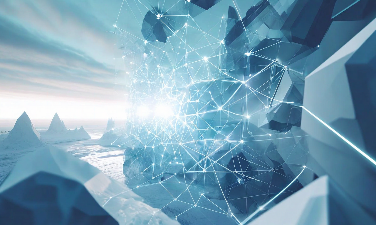 北極圏ガバナンスの価値創造の収束点を表現した抽象的なビジュアル。地政学的利益（赤系）、経済的機会（金系）、制度的革新（青系）、技術的可能性（紫系）を示す複数の層が、中央の輝く交差点に向かって収束している。透明度のある幾何学的形状とデータフローが立体的に重なり、異なる領域が相互に接続される様子を表現している。