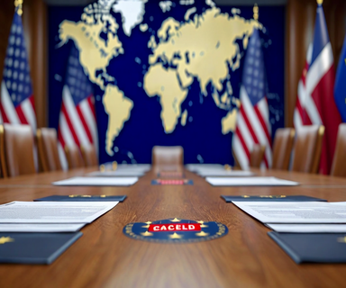 Diplomatic conference table with EU and US flags, cancelled tariff documents in the center, and an Arctic region map in the background, representing the cancellation of Trump's tariff measures against European nations