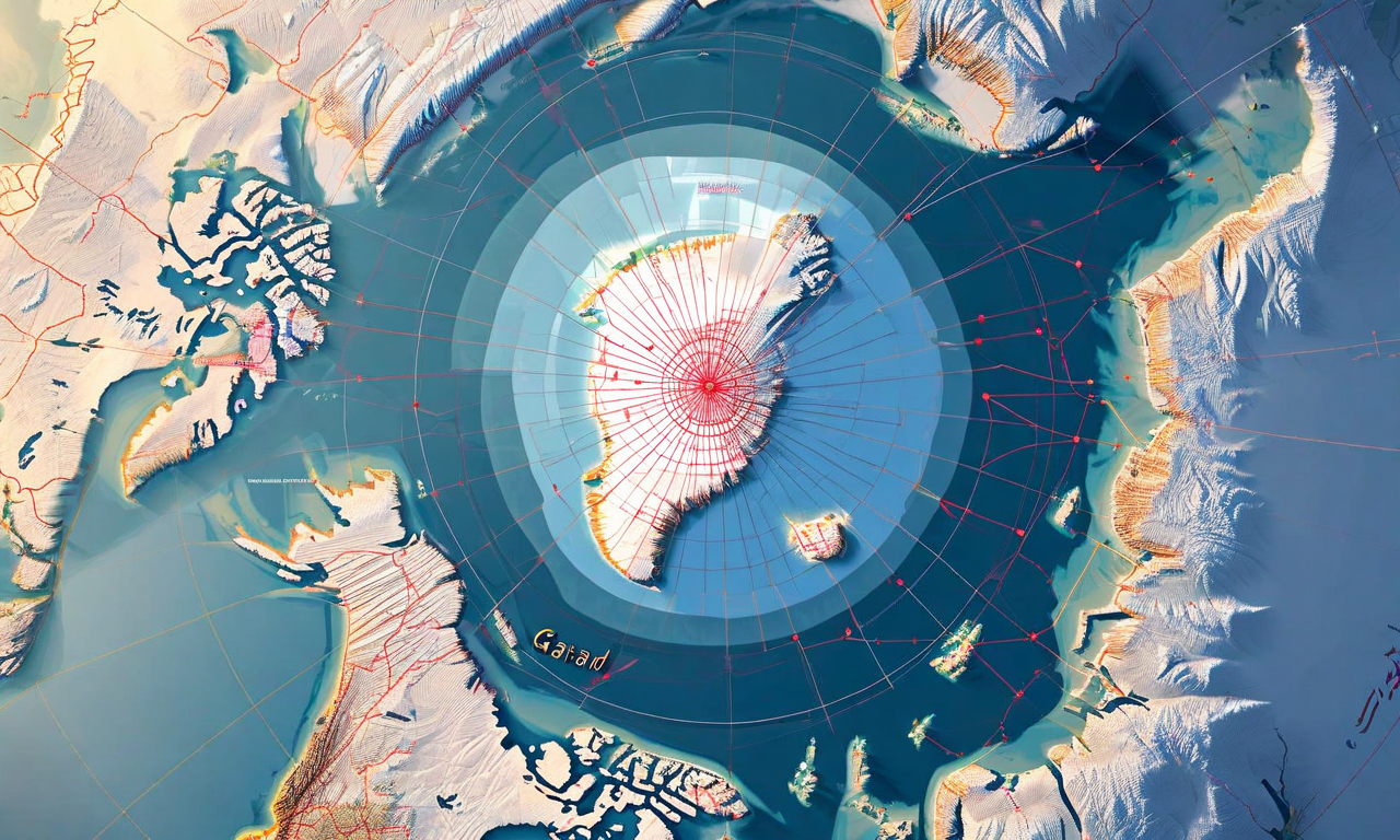 グリーンランドを中心とした北極圏の地政学的ビジュアライゼーション。グリーンランドの周囲に複数の影響圏が同心円状に配置され、デンマークの主権、米国の戦略的利益、ロシアの存在、中国の経済的利益を色分けされた層で表現。相互接続された線とノードが地政学的緊張と戦略的回廊を示し、北極海航路、資源地帯、軍事戦略的位置が微妙に表現されている。