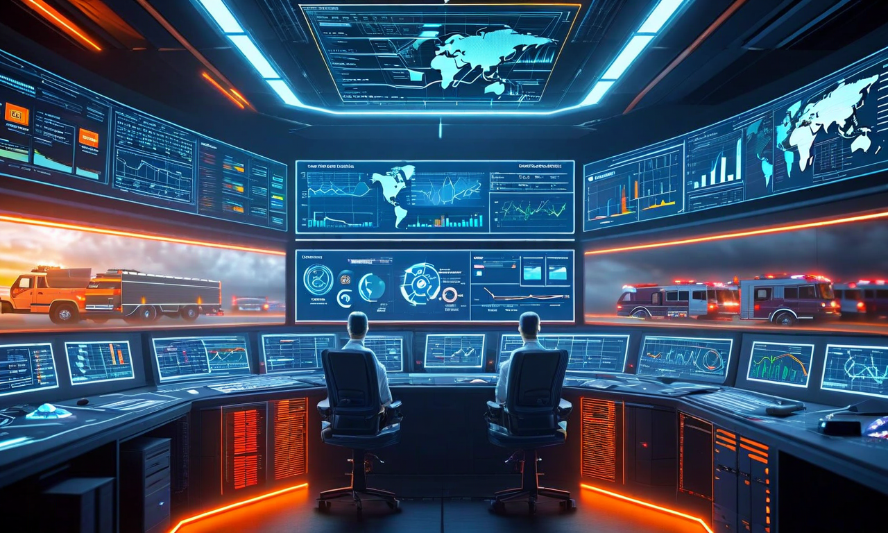 3層対応アーキテクチャの概念図。上層は気象予測システムと衛星データ、中層はデジタル指令センターと監視ダッシュボード、下層は現場対応チームと緊急車両を示す。各層は垂直方向のデータフロー接続で統合されており、デジタル技術と現場オペレーションの融合を表現している。