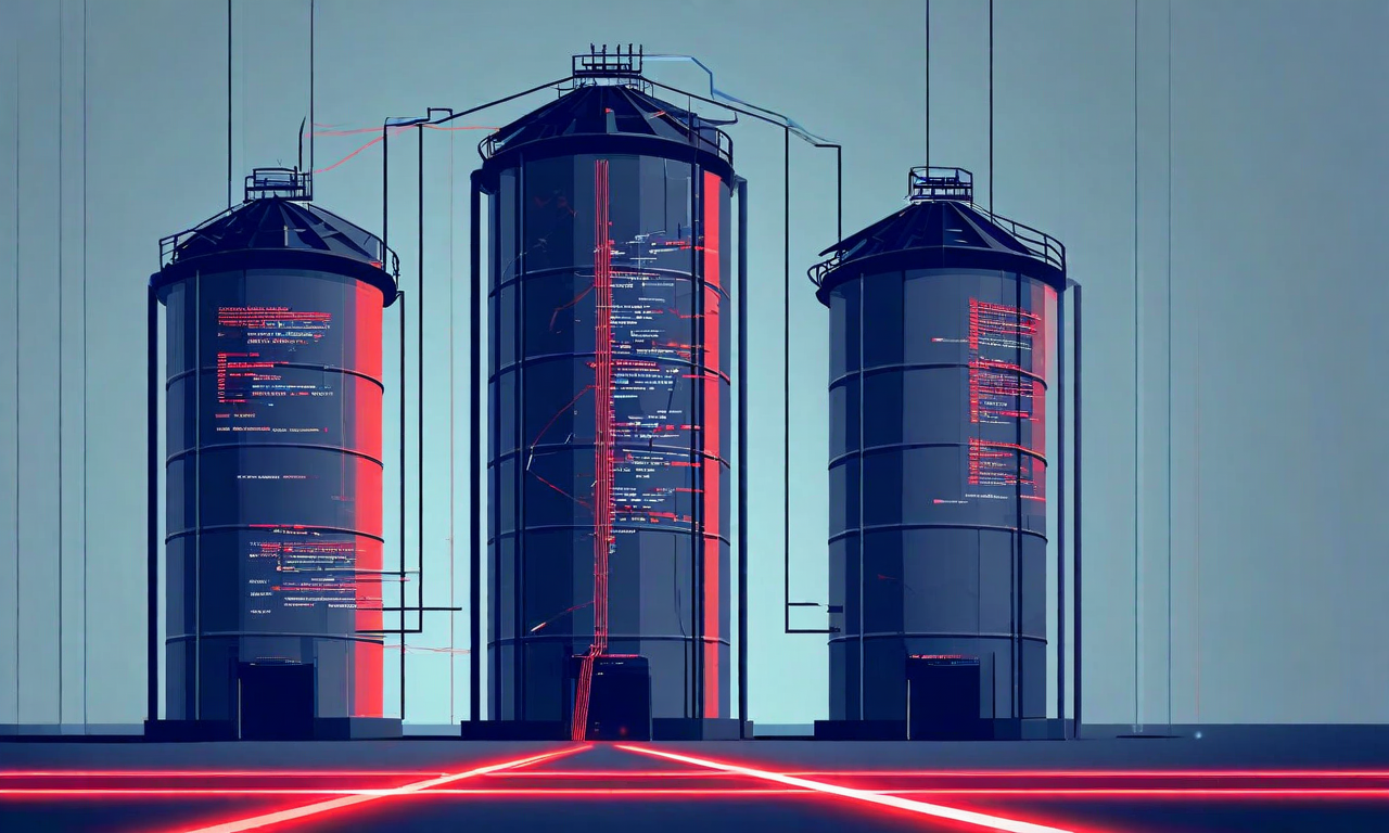 現在の対応システムにおける情報サイロを表現した図。警察、被害者支援団体、テクノロジープラットフォームの3つの機関が厚い壁で隔てられた独立したサイロとして描かれており、各機関内では情報が流通しているが、機関間の壁により情報が遮断されている状態を視覚化。赤い線で失敗した接続試行を示し、検出ギャップと情報断絶の問題を強調している。