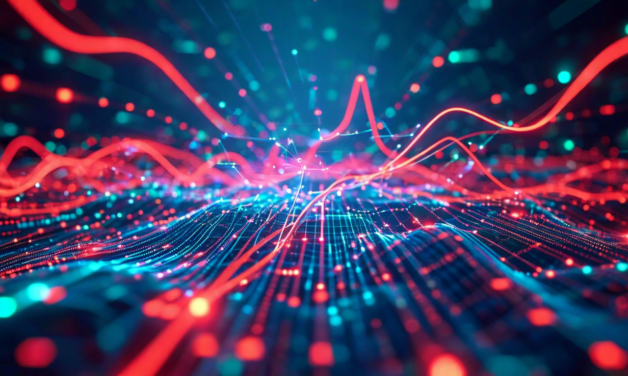 複数のリスク要因が相互作用してカスケード効果を生み出す様子を表現した抽象的な可視化。介入失敗、市場パニック、流動性枯渇が赤色の波状パターンと相互接続されたノードで表現され、中央のハブからはオプショナリティ戦略による防御メカニズムが青緑色のバリアとして放射状に広がっている。システミックリスクの伝播と対抗戦略の効果を動的なエネルギーフローで示す。