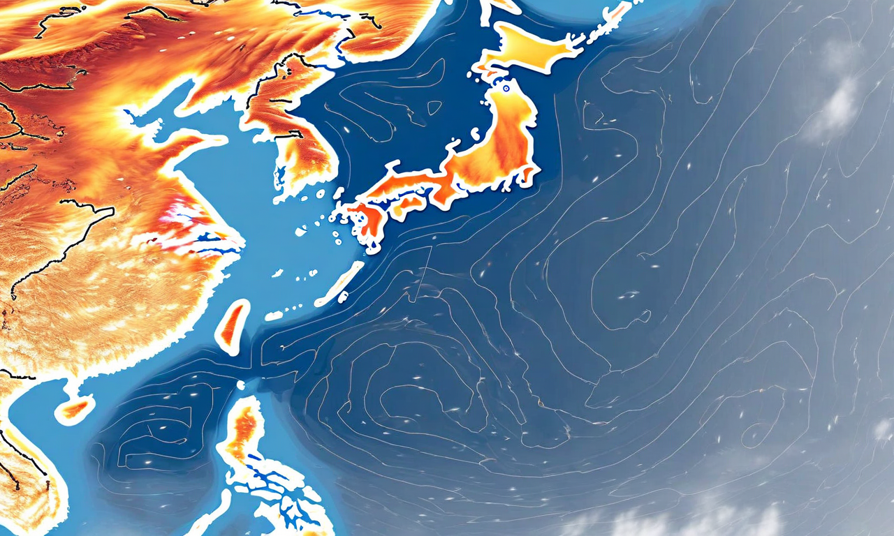冬型気圧配置の気象システムを表現した概念図。左側のシベリア高気圧を冷たい青色で、右側の日本海低気圧を温かいオレンジ赤色で表現。日本海を横切る冷たく湿った気流が青白い流線で可視化されており、山岳地形では白い降雪パターンが集中している。気圧勾配と大気層が色のグラデーションで示されている。