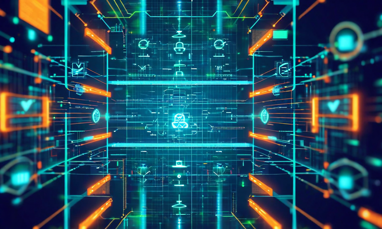 規制的ガードレールの概念を表現した多層的検証システムの図解。中央の経路が複数の検証ステージを通過し、各段階でチェックゲート、セキュリティバリア、技術的制約ノードが配置されている。検証ポイント間は相互に接続され、リスク軽減と信頼性確保のメカニズムが視覚化されている。