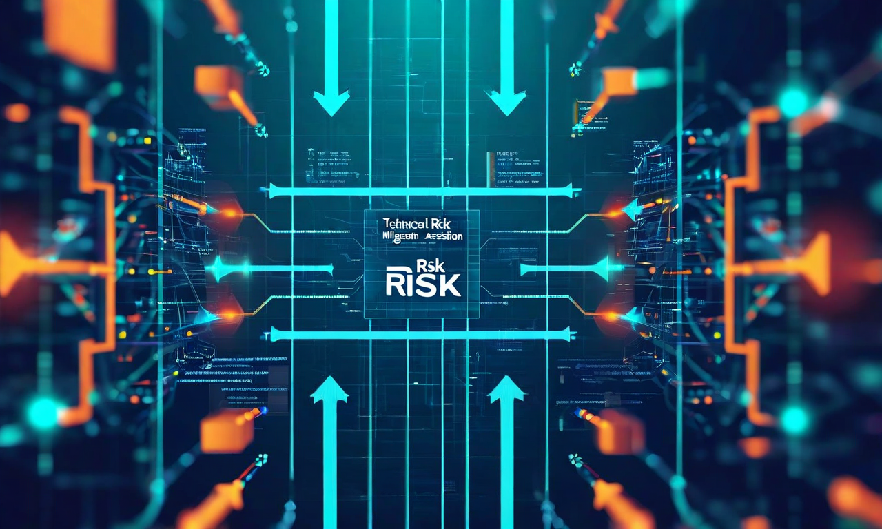リスク要因と軽減戦略の関係を示す専門的なビジュアル。技術的リスク(ハザード評価の不確実性)、スケジュールリスク(審査期間の延長)、組織的リスク(規制対応能力)の3つのカテゴリーが、それぞれの軽減策によってどのように対処されるかを、相互接続されたフレームワークと矢印で表現。各リスク要因から対応する軽減戦略への経路が視覚的に示されている。