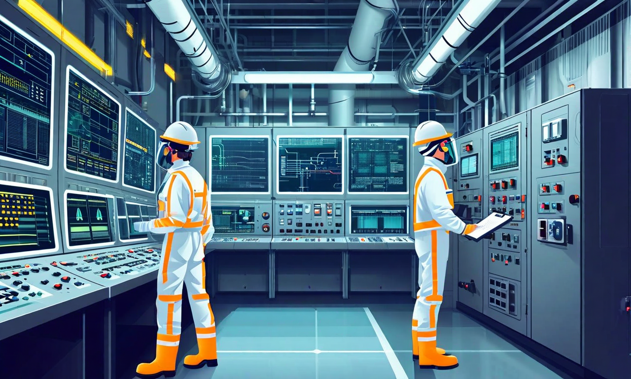 原子力規制委員会の検査官が防護服を着用して原子力発電施設の安全審査を実施している様子。施設内部には制御パネル、安全柵、検査機器が配置され、規制当局による厳格な検査プロセスと安全監視体制を表現している。