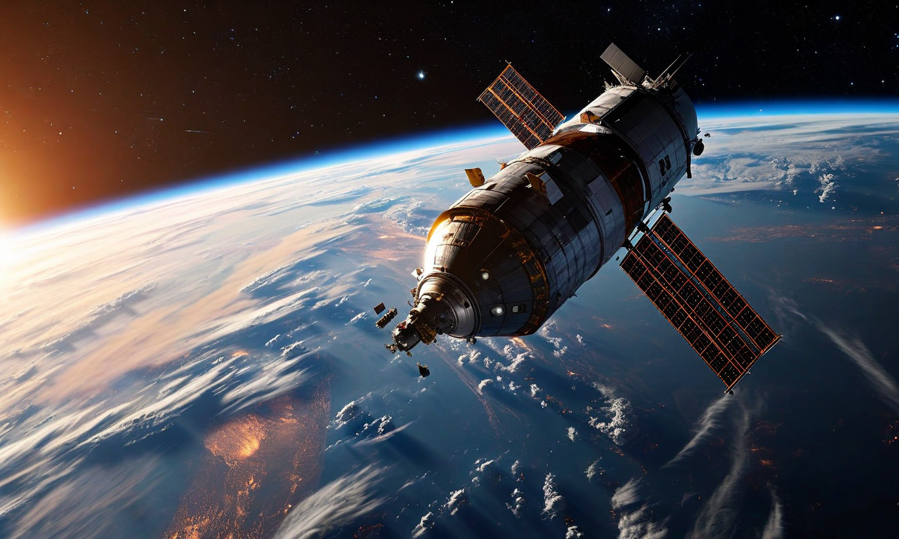 国際宇宙ステーション(ISS)から分離するソユーズ宇宙船を描いた宇宙シーン。背景にはISSの太陽電池パネルが見え、ソユーズカプセルは地球への帰還軌道に向かって移動している。地球は画面下部に青い海と雲を伴って表示されている。宇宙の黒い空間に星が輝き、太陽からの劇的な光が照らしている。加速された帰還スケジュールの緊張感と国際宇宙機関による協力の重要性を視覚的に表現している。