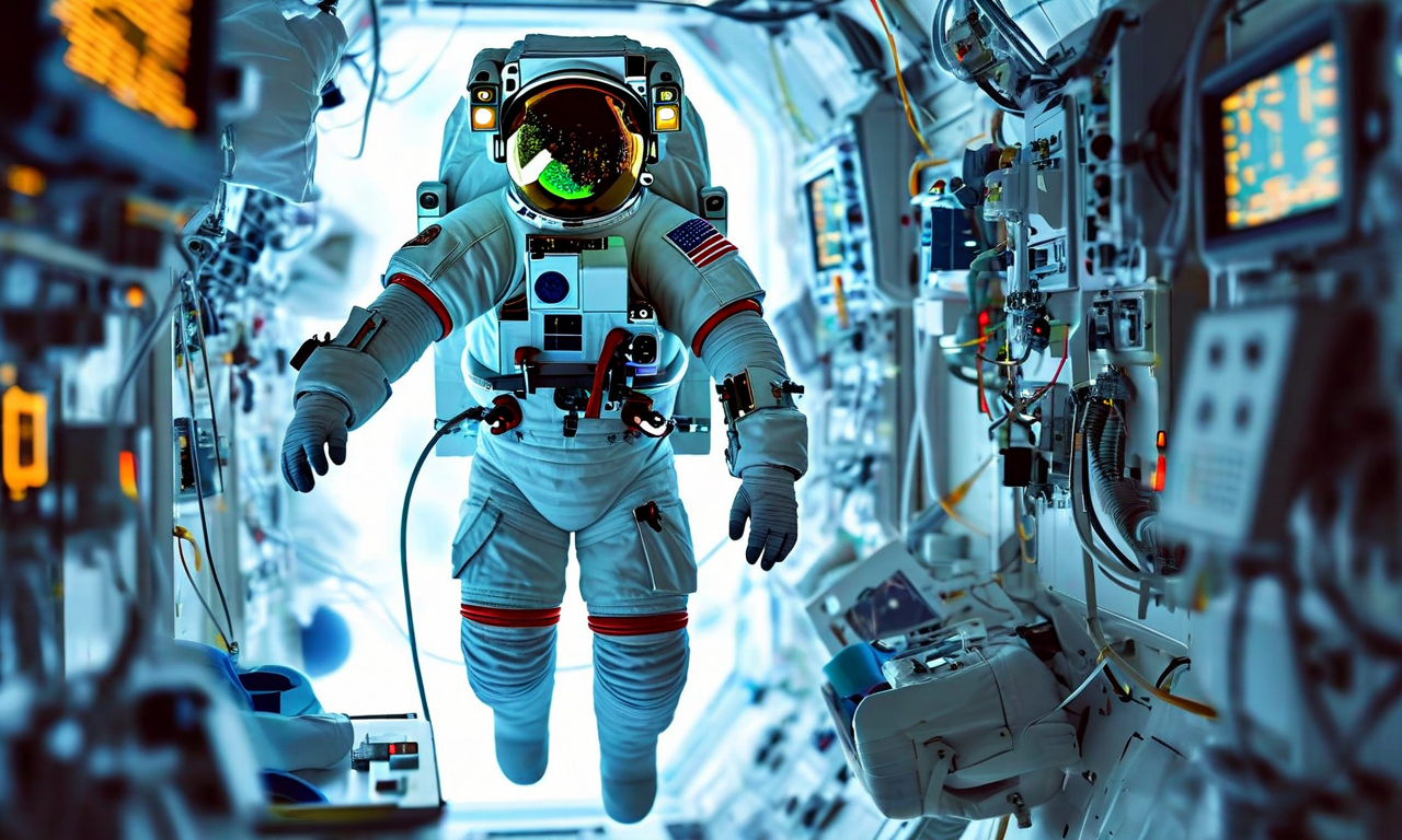 宇宙飛行士の医学的モニタリングと地球帰還後の再適応プロセスを示す医学的イラスト。左側は微小重力環境での宇宙飛行士の浮遊状態、右側は地球重力下でのリハビリテーション段階を表現。中央には生理的ストレス指標、心拍数モニター、重力ベクトルが可視化されている。複数の医療専門家が生体データを監視・記録している。先進的な医療機器、センサーアレイ、リハビリ装置が配置された臨床環境。