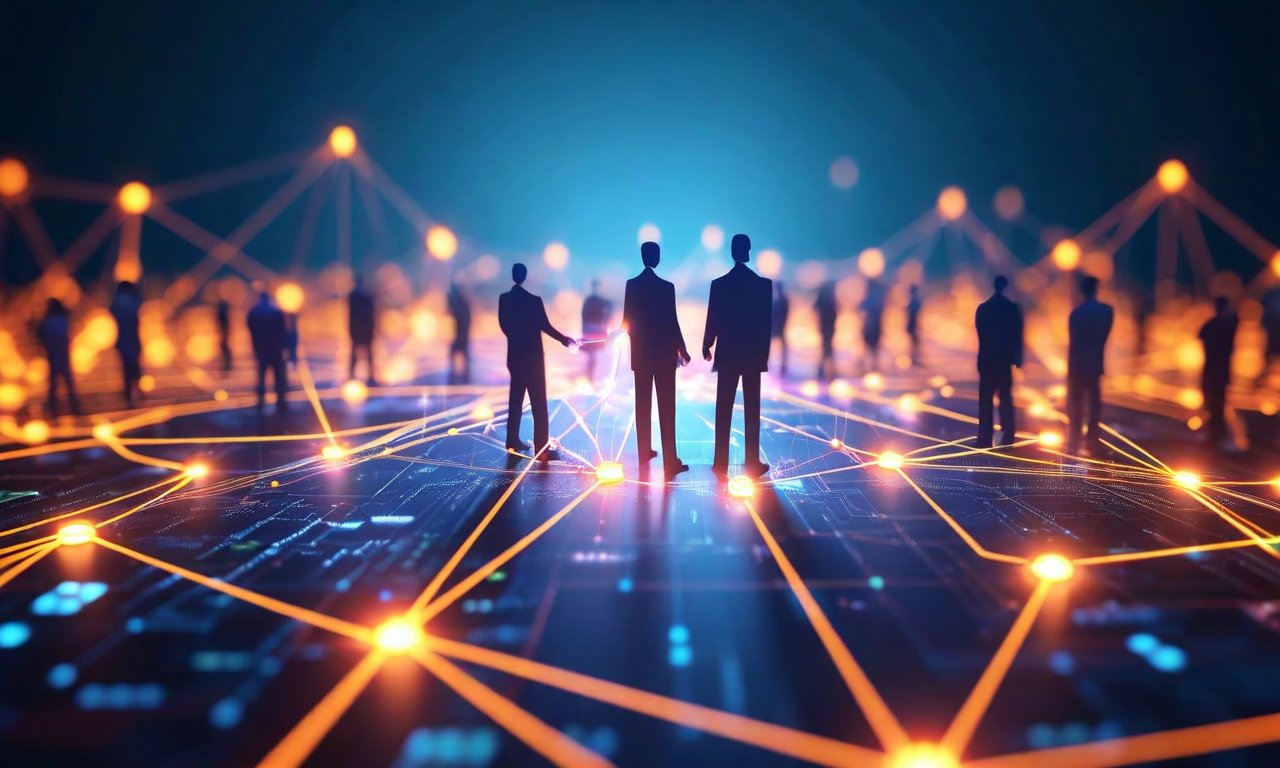 複数の外交チャネルと仲介者を示すネットワーク図。中央に仲介者が配置され、周囲に複数の対話経路が放射状に広がっている。信頼醸成メカニズムは発光するノードで表現され、異なるステークホルダー間を透明な橋が結んでいる。人物シルエットが交渉者と仲介者を表現し、平和的な対話とエスカレーション防止を視覚化している。