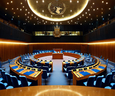 Interior view of the UN Security Council chamber showing the curved conference table with diplomatic seating and the UN emblem, representing emergency multilateral discussions on Iran protests