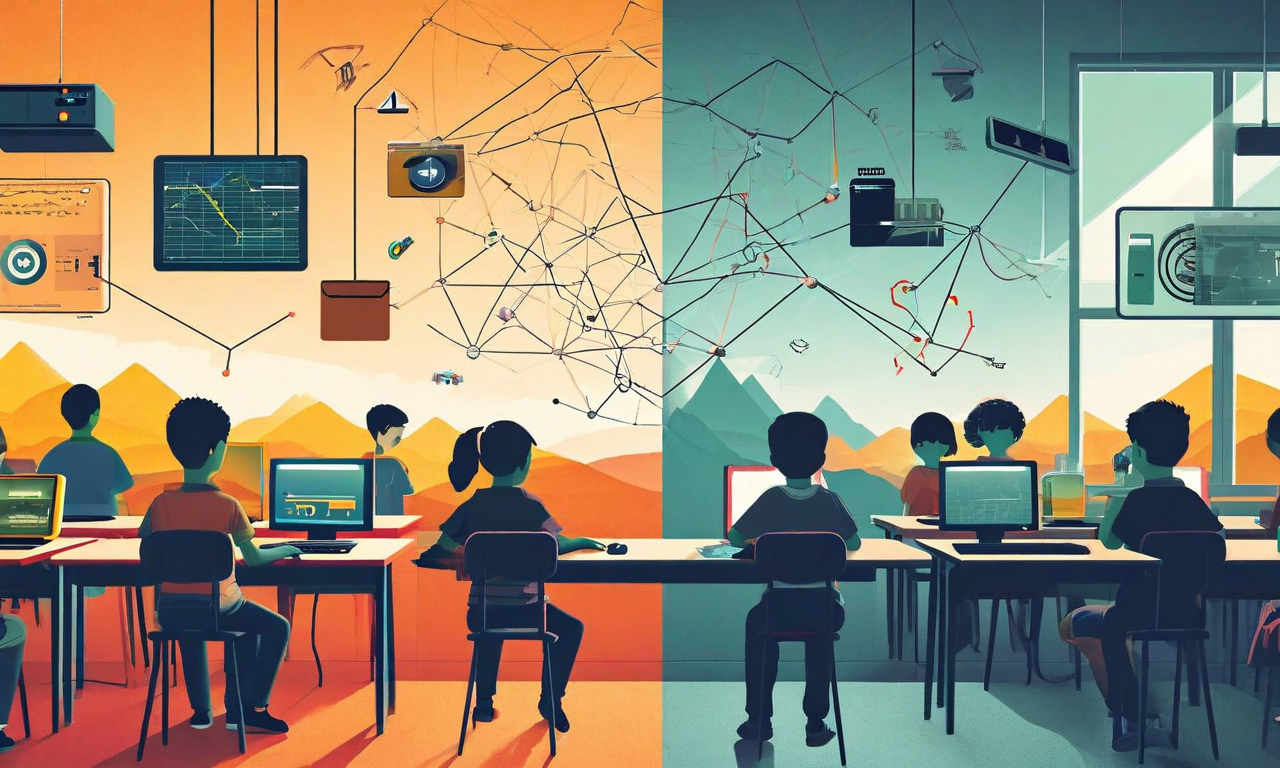 デジタルアクセス不平等を表現した分割画面イメージ。左側は限定的なテクノロジーアクセスを持つ農村部の学生、右側は充実したデジタルリソースを持つ都市部の学生を描写。中央には拡大する格差を示す断絶した橋またはネットワークノードが表示される。経済的障壁を示す要素（空の財布、コスト記号、デバイス不足）と地理的要素（山々による地域分離）が統合されている。