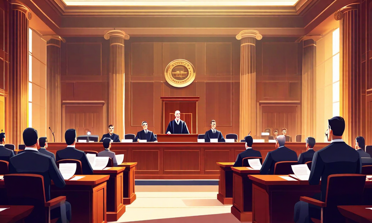 法廷内での証拠提示シーン。判事が法廷を統率し、検察側と弁護側の弁護士が対立する机から法的議論を展開している。背景には証拠提示ボードに文書と視覚的証拠が表示され、陪審員が注視している。法律書や法的文書が配置され、司法プロセスの透明性と公正性が強調されている。