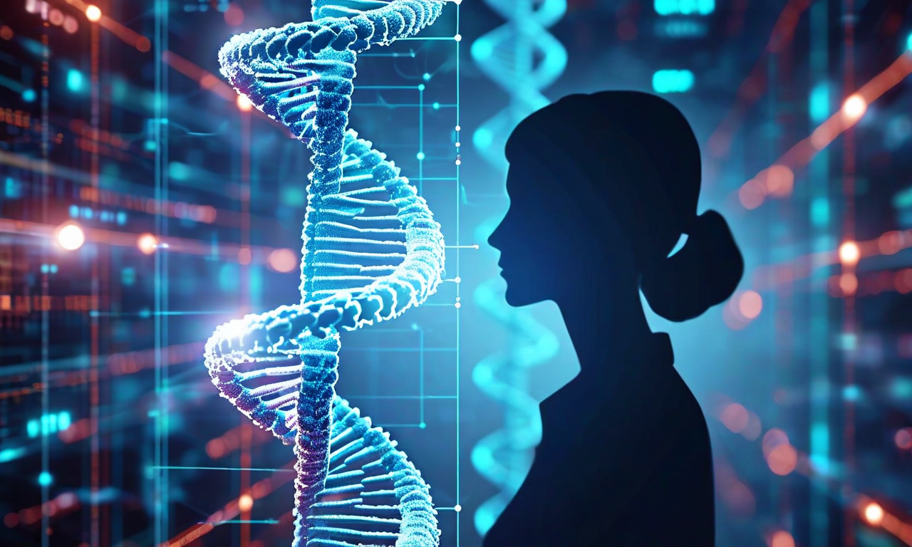 被害者身元確認と背景調査プロセスを示す専門的なイラスト。中央に人物のシルエットがあり、DNA二重螺旋構造、指紋分析パターン、歯科記録が接続線で結ばれている。背景には人間関係ネットワークを表す相互接続されたノードが表示されており、法医学的調査の複数の層を視覚化している。