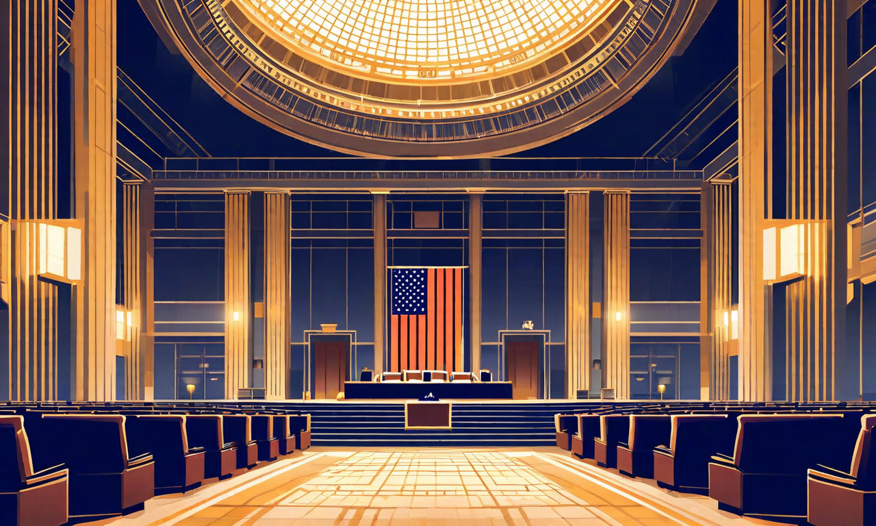 日本の国会議事堂を中心とした政治的決定の瞬間を表現したプロフェッショナルなイラスト。国会議事堂の特徴的なドーム型建築と古典的な構造が描かれており、制度的枠組みを象徴する幾何学模様と相互接続された線が組み込まれている。深い青、金色、中立的なトーンの専門的な色彩で、首相による衆議院解散決定という国家的転換点の重要性と厳粛さを表現している。