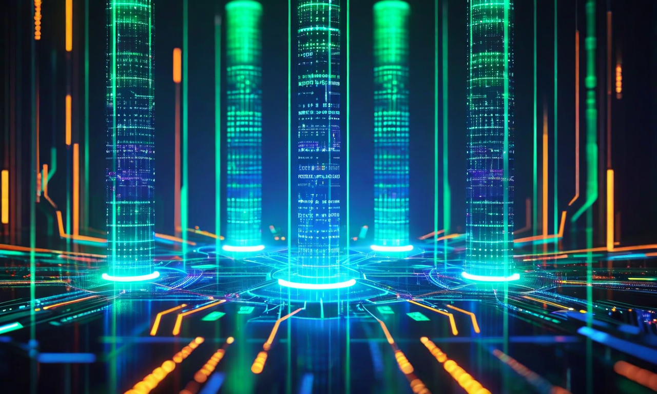 設定精度を中心とした戦略的実現要因の統合ビジュアル。中央のハブから5つの主要要素（安全性、信頼性、運用効率、規制対応、競争優位性）へ放射状に接続する光るノードとデータフローが表現されている。プロフェッショナルな青と緑のグラデーション、透明度効果を用いた現代的な幾何学的デザイン。