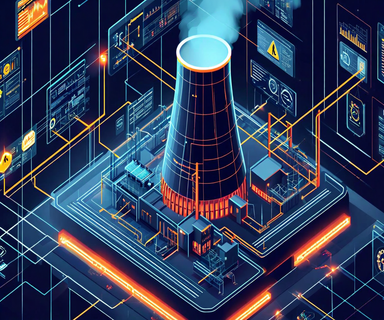 Isometric illustration of a nuclear power plant with digital monitoring panels showing alert configuration errors and warning indicators around the facility