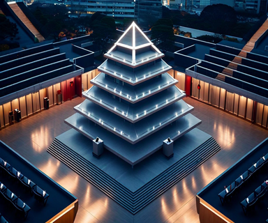 Aerial view of the Japanese National Diet Building surrounded by organized rows of podiums representing electoral districts, with light trails connecting them to symbolize campaign coordination and the election process