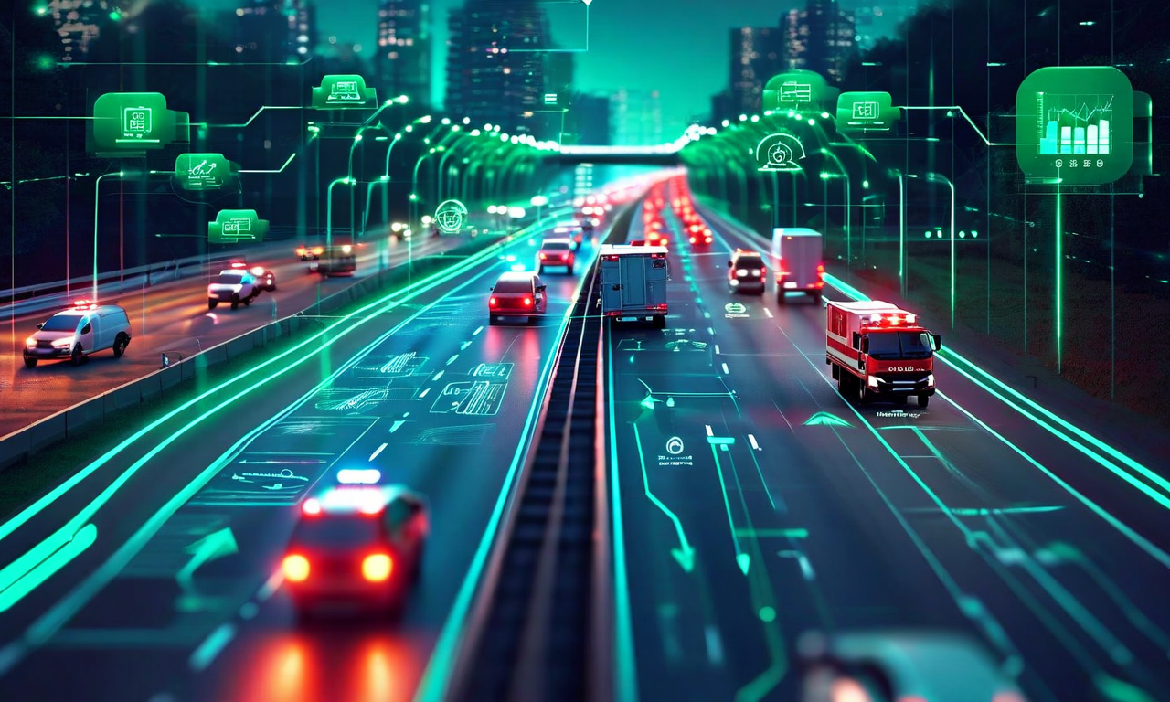 統合オペレーション対応による期待成果を示す図。車両立ち往生の削減、交通流の維持、緊急対応時間の短縮、公開通信の信頼性向上という4つの主要な改善指標が、ダッシュボード形式で視覚化されている。上昇トレンド、接続されたネットワークノード、リアルタイム監視要素を含む。