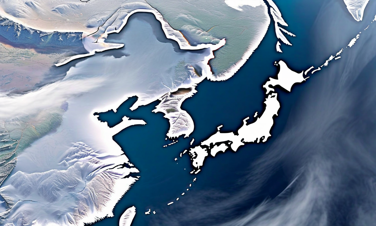 強い冬型気圧配置による日本の気象状況を示す衛星気象図。シベリア高気圧から日本列島に流入する冷気団、等圧線で表現された気圧勾配、日本海側の新潟・北陸地域に集中する降雪雲、全国に広がる寒冷気象パターン、路面凍結の危険性を示す温度勾配が視覚化されている。