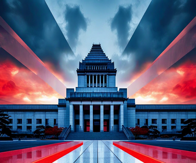 The Japanese National Diet Building photographed from below with a dramatic split-tone effect showing blue on one side and red on the other, with geometric arrows converging toward the center, symbolizing political opposition and the upcoming general election
