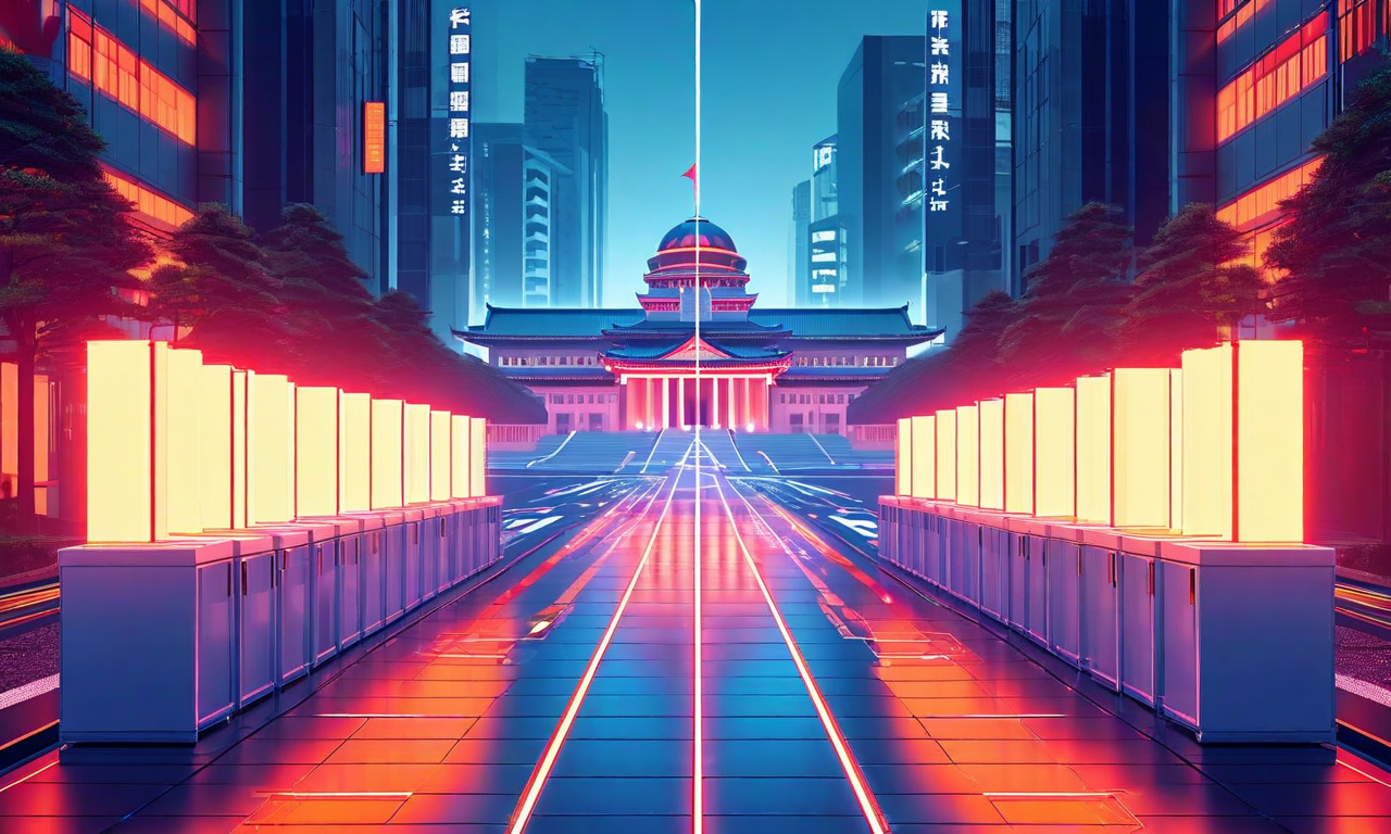 日本の国会議事堂を中心に、二つの対立する道に分岐する未来的なビジュアル。一方の道は伝統的な制度を象徴する青系の光で照らされ、もう一方は改革と変化を象徴する暖色系の光で照らされている。前景には投票箱と投票ブースが配置され、民主的プロセスの緊張感と選択の重要性を表現している。