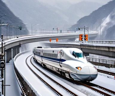 A Tokaido Shinkansen bullet train traveling through heavy snowfall on elevated tracks, with a snow-covered expressway visible in the mountainous background, illustrating winter weather impact on Japan's major transportation infrastructure