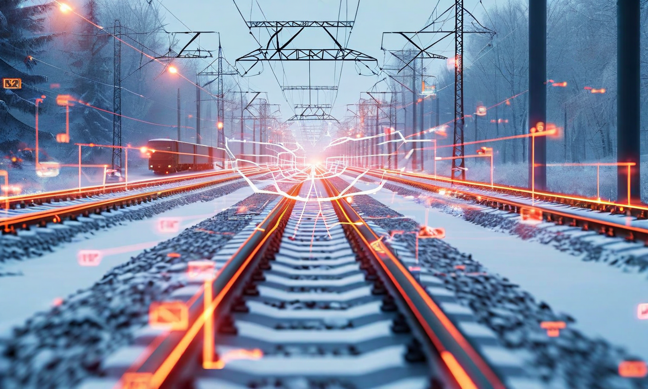 大雪によるインフラ構造的ボトルネックの連鎖メカニズムを示す概念図。積雪による道路閉鎖、鉄道運休、電力線損傷の3つの主要インフラ障害が、相互接続されたネットワークを通じて経済活動（工場、オフィス、サプライチェーン）へ波及する様子を表現。色のグラデーションで障害の深刻度の段階的な拡大を示し、接続線で依存関係と連鎖経路を可視化。