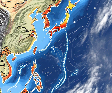 Meteorological visualization showing winter pressure pattern over Japan with high pressure system over Asia, low pressure over Pacific, and heavy snowfall on Japan's Sea of Japan coast driven by northwesterly winds