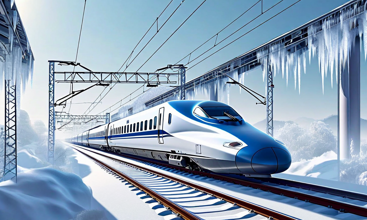 新幹線の技術的制約を示す断面図。積雪による線路の凍結、架線への着雪と氷の付着、ポイント機構の凍結状態、および霜で覆われた電気部品の詳細が描かれている。温度帯と氷の厚さを示す層状の可視化により、重要なインフラへの大雪の影響を技術的に表現している。