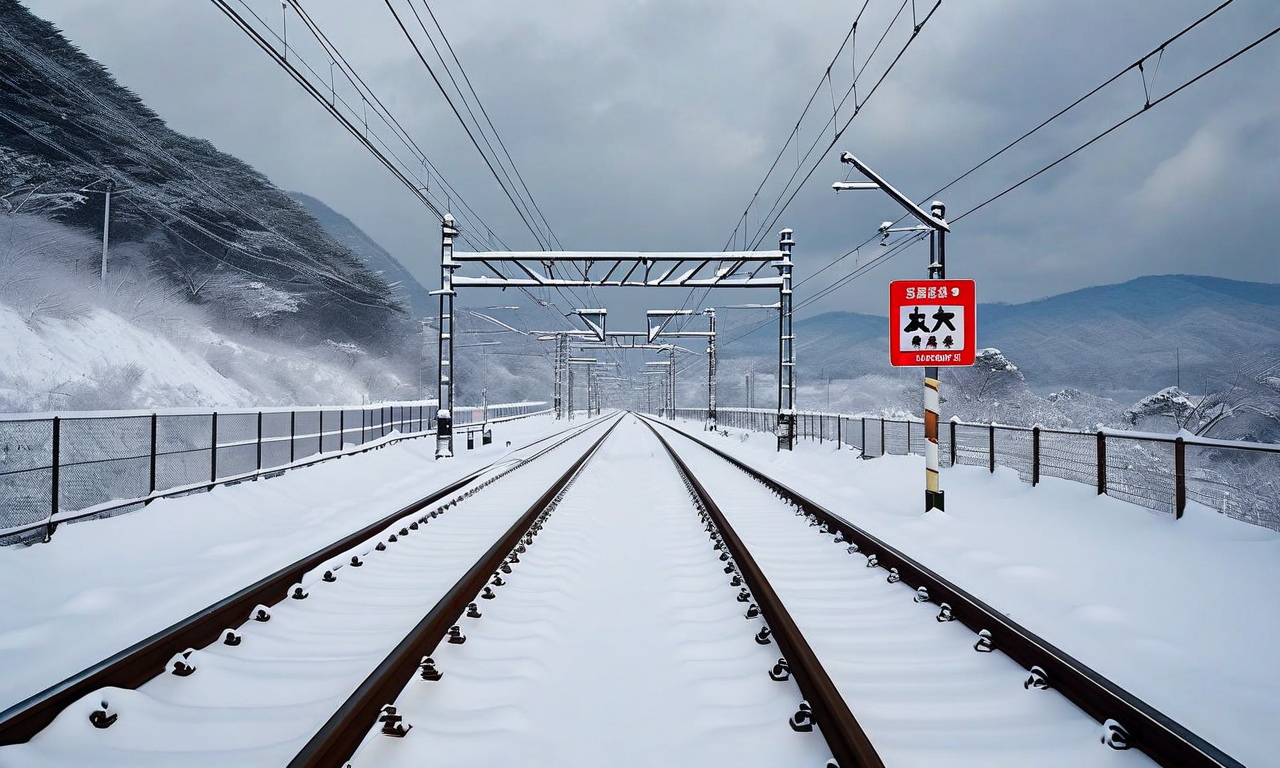 秋田新幹線の盛岡～秋田間の線路が厚く積もった雪に覆われている風景。暗い雲が空を覆い、悪天候の環境を表現している。線路沿いには運転見合わせを示す標識が見える。大雪による視界不良と厳しい冬の気象条件が強調されている。