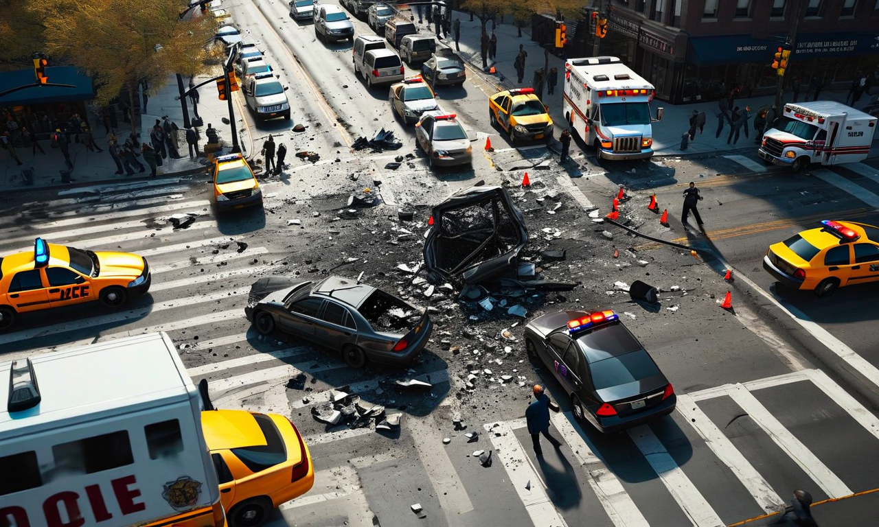 赤坂交差点での多重衝突事故現場を示す画像。複数の損傷した車両とタクシーが交差点に散在し、警察車両と救急車が配置されている。緊迫した事故現場で、複数の公用車とタクシーが関わる深刻な事故の状況を表現している。