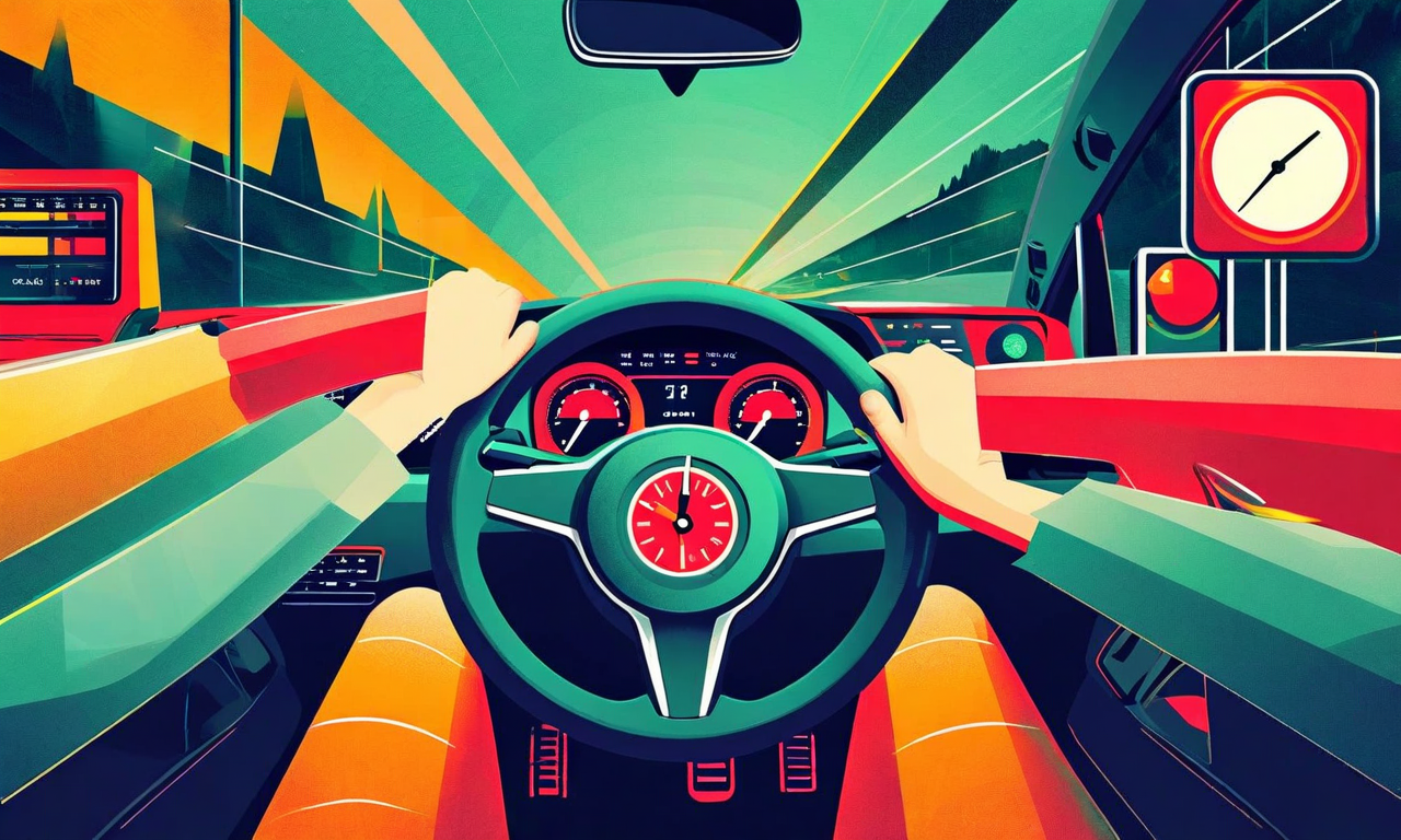 スケジュール圧力と安全性のジレンマを表現した抽象的な概念図。加速する時計、ストレスを受けたドライバーのハンドル操作、対立する交通信号が中央に配置され、組織的パフォーマンス指標とリスク行動の緊張関係を視覚化している。