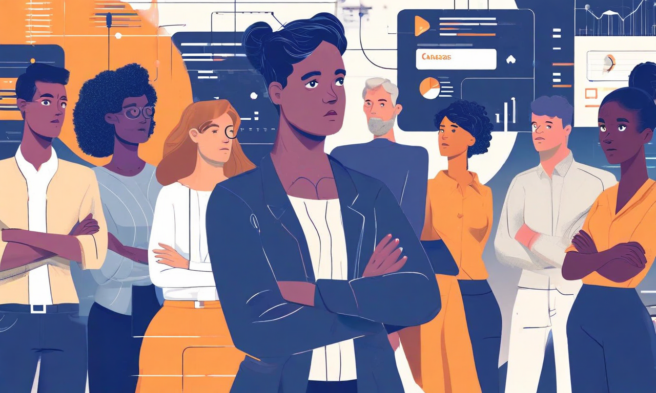 組織的変革期における課題を表現した画像。不安そうな表情の営業スタッフと従業員が旧システムと新技術の間で葛藤する様子、腕を組んだ抵抗の姿勢、そして変革リーダーシップによる指導と橋渡しの要素が描かれている。グレーから暖色への色彩の移行が、抵抗から適応への転換を象徴している。