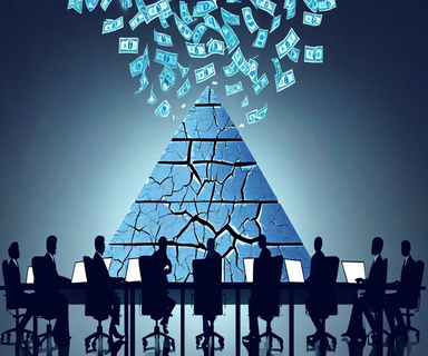 Abstract business illustration depicting a fractured corporate hierarchy structure with currency symbols flowing through cracks, representing systemic compensation issues and misaligned incentives in a financial institution