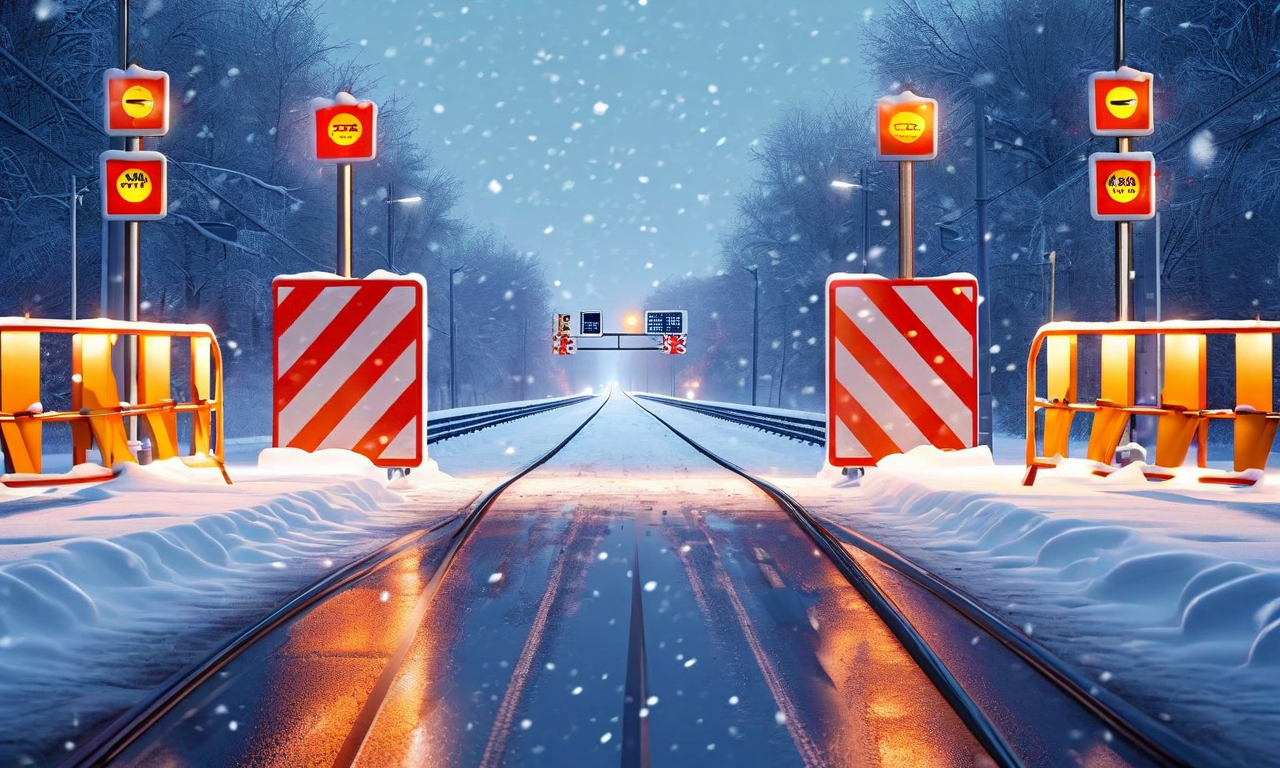 24ヶ月後の目標状態を表現した画像。冬季の線路・道路インターフェースに、安全柵、反射標識、自動ゲート、リアルタイム警告システムが統合された完成形。雪が積もった環境でも全ての安全機能が機能している様子を視覚化。