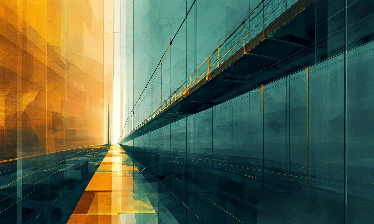 対立から協調へ、不透明から透明性へ、分断から統合へのトランジションを表現した抽象的なビジュアル。左側は暗く分断された要素で対立と不透明性を、右側は明るく相互に接続された要素で調和と透明性を表現。中央には光の流れと上昇する光線で象徴される変革の橋が描かれている。