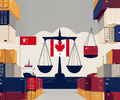 An editorial illustration depicting a balance scale weighing Canadian and Chinese symbols, with shipping containers and tariff barrier representations in the background, symbolizing international trade tensions and tariff negotiations