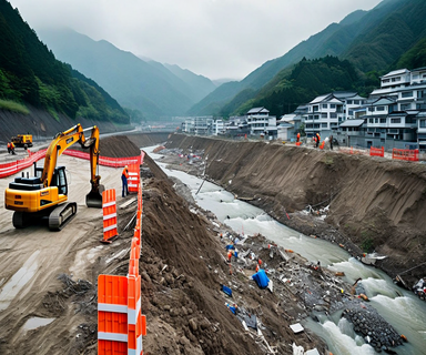 Split view of disaster reconstruction site showing construction work on river embankments and geological surveys on one side, with temporary housing for displaced residents on the other, depicting the ongoing recovery process in a mountainous Japanese valley
