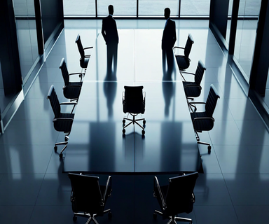 Overhead view of a corporate boardroom with an empty CEO chair at the head of the table, dramatically lit to emphasize the vacant leadership position, surrounded by silhouetted board members