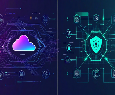 Split-screen visualization showing AWS cloud infrastructure concepts: left side displays interconnected nodes representing AI agent workflows in blue and purple, right side shows secure network connectivity with shield symbols in teal and green, connected by central cloud iconography on a dark gradient background