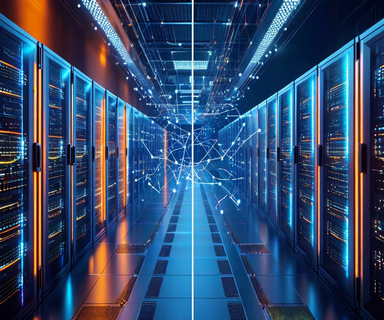 Split-screen visualization showing transition from traditional infrastructure to modern AWS cloud architecture, with legacy systems on the left and bright, connected cloud services on the right
