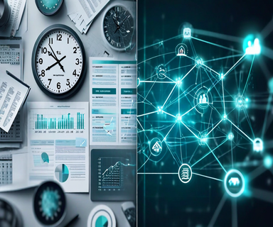 Split-screen illustration contrasting traditional financial settlement infrastructure with modern blockchain-based digital asset systems, showing the transition from batch processing to continuous 24/7 settlement networks