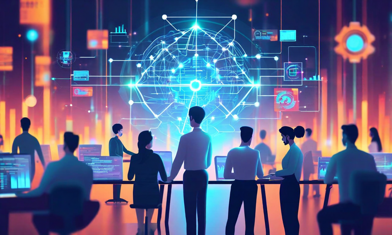 人間とAIが協働する組織的運用パターンを表現したイラスト。人間が戦略的思考と創造的業務を担当し、AIがデータ処理と分析を実行する様子を示している。ワークステーションでの作業、スキル維持のための研修活動、双方向の知識交換フロー、継続的な学習と最適化のサイクルが視覚化されている。