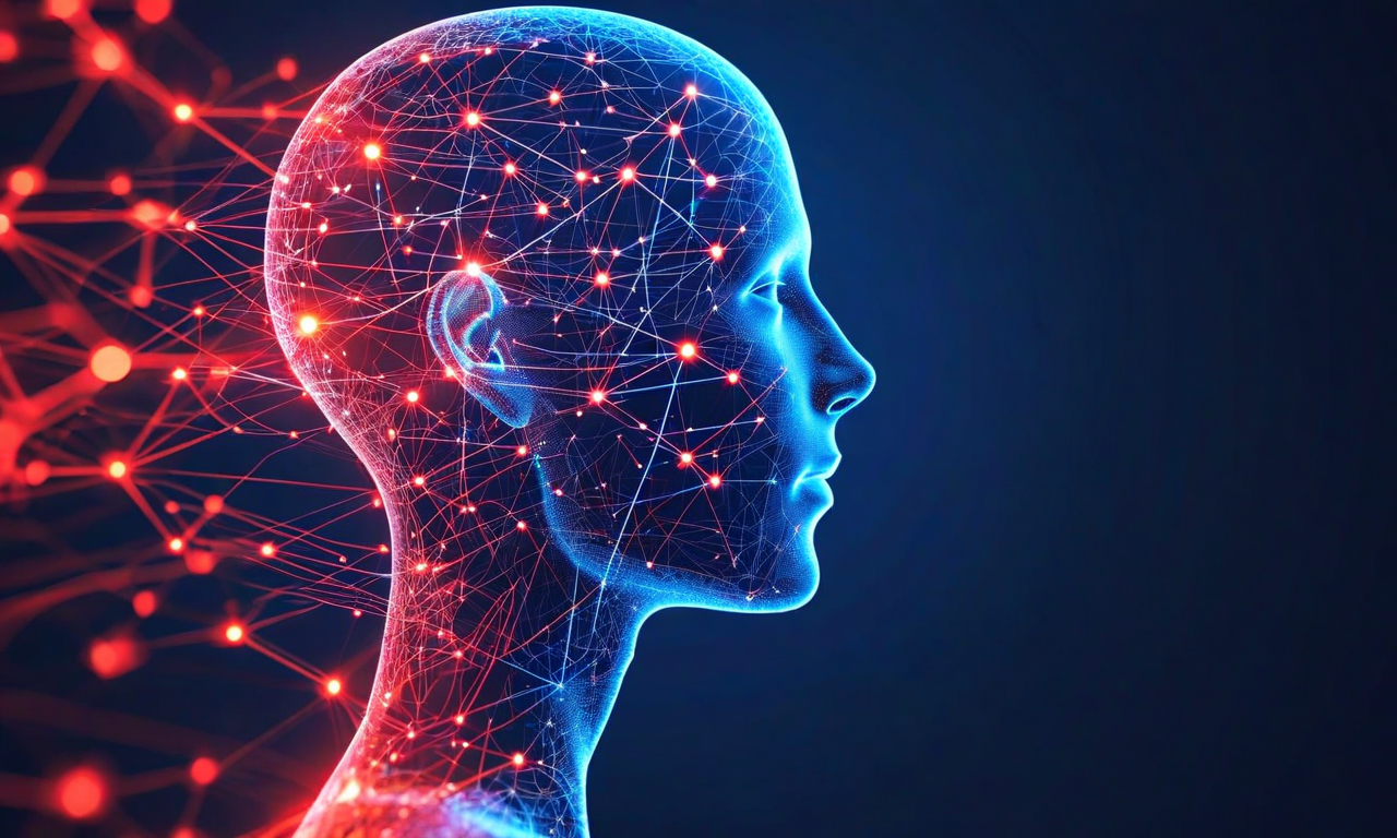 知識労働者の脳を横から見た図。複雑な神経経路が描かれており、AI要素(発光するノード)に接触した部分では思考パスが圧縮・短縮され、浅くなっていく様子を表現。深い思考を示す複雑な青色のネットワークと、AI依存による浅い思考を示す赤色の単純化された経路が対比されている。