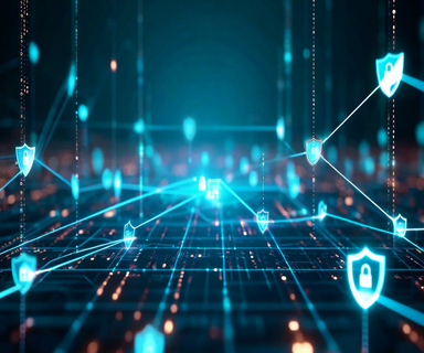 Abstract visualization of a decentralized AI network architecture with distributed nodes, encrypted data pathways, and privacy protection symbols, illustrating privacy-preserving system design concepts