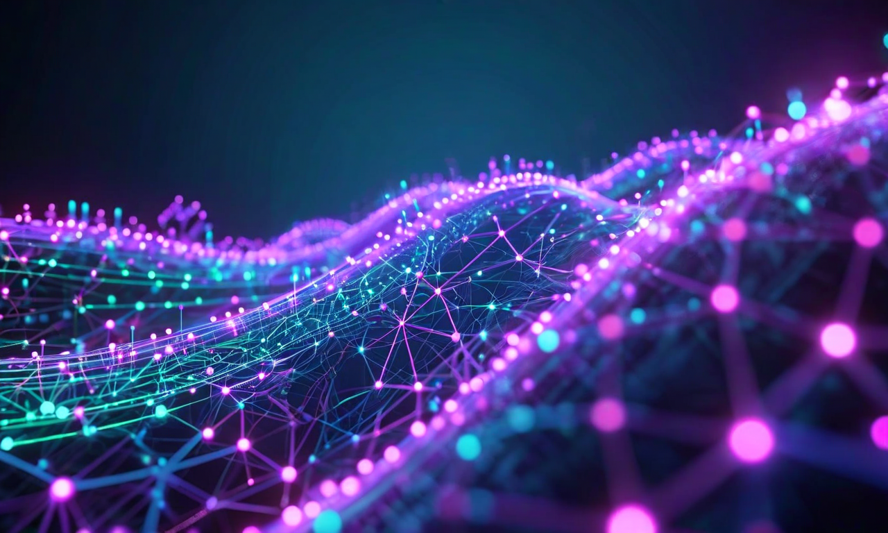 時間とともに進化するパイプラインシステムの抽象的な可視化。下部の単純な線形構造から上部の複雑な適応型ネットワークへと段階的に発展していく様子を示している。成長曲線、フィードバックループ、相互接続されたノード、そして品質向上を表す増加する光の密度が表現されている。生物発光色の青、緑、紫が使用され、有機的な流動線でシステムの学習と改善を視覚化している。