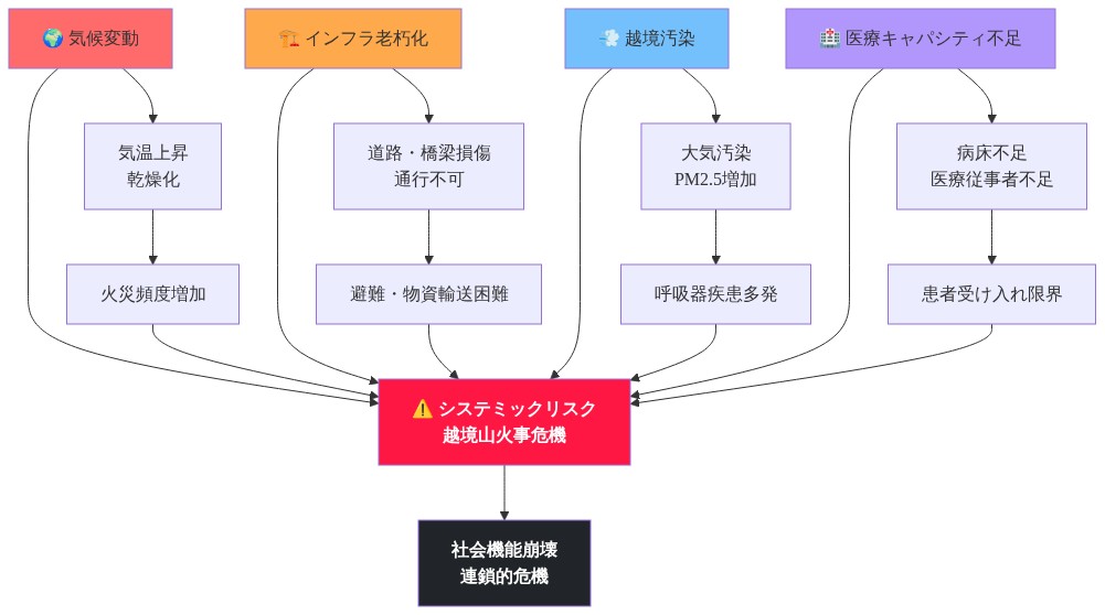 システミックリスク構造を示す図。気候変動、インフラ老朽化、越境汚染、医療キャパシティ不足の4つの主要リスク要因が、それぞれ具体的なメカニズム(気温上昇による火災頻度増加、インフラ損傷による輸送困難、大気汚染による呼吸器疾患、医療受け入れ限界)を通じて相互作用し、最終的に越境山火事危機というシステミックリスクを生成し、社会機能崩壊に至る連鎖的危機を引き起こすプロセスを表現している。