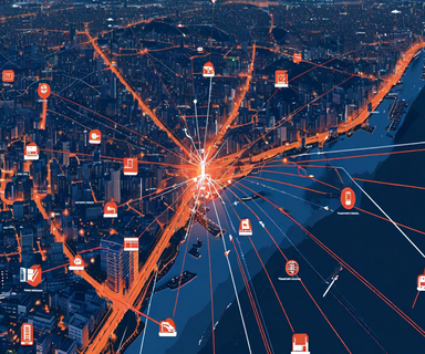 Illustration of Japan's map showing Tokyo metropolitan area at center with coordinated support lines connecting from surrounding prefectures, representing systematic disaster response planning and inter-regional coordination