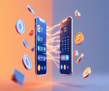Two smartphones exchanging a peer-to-peer payment that fragments into multiple installment pieces, illustrating the integration of buy-now-pay-later financing into social money transfers, with a gradient background transitioning from social to financial themes