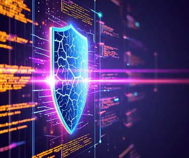 Conceptual illustration of a cracked digital security barrier with text fragments flowing through gaps, representing vulnerabilities in AI content moderation systems, with a neural network structure visible in the background